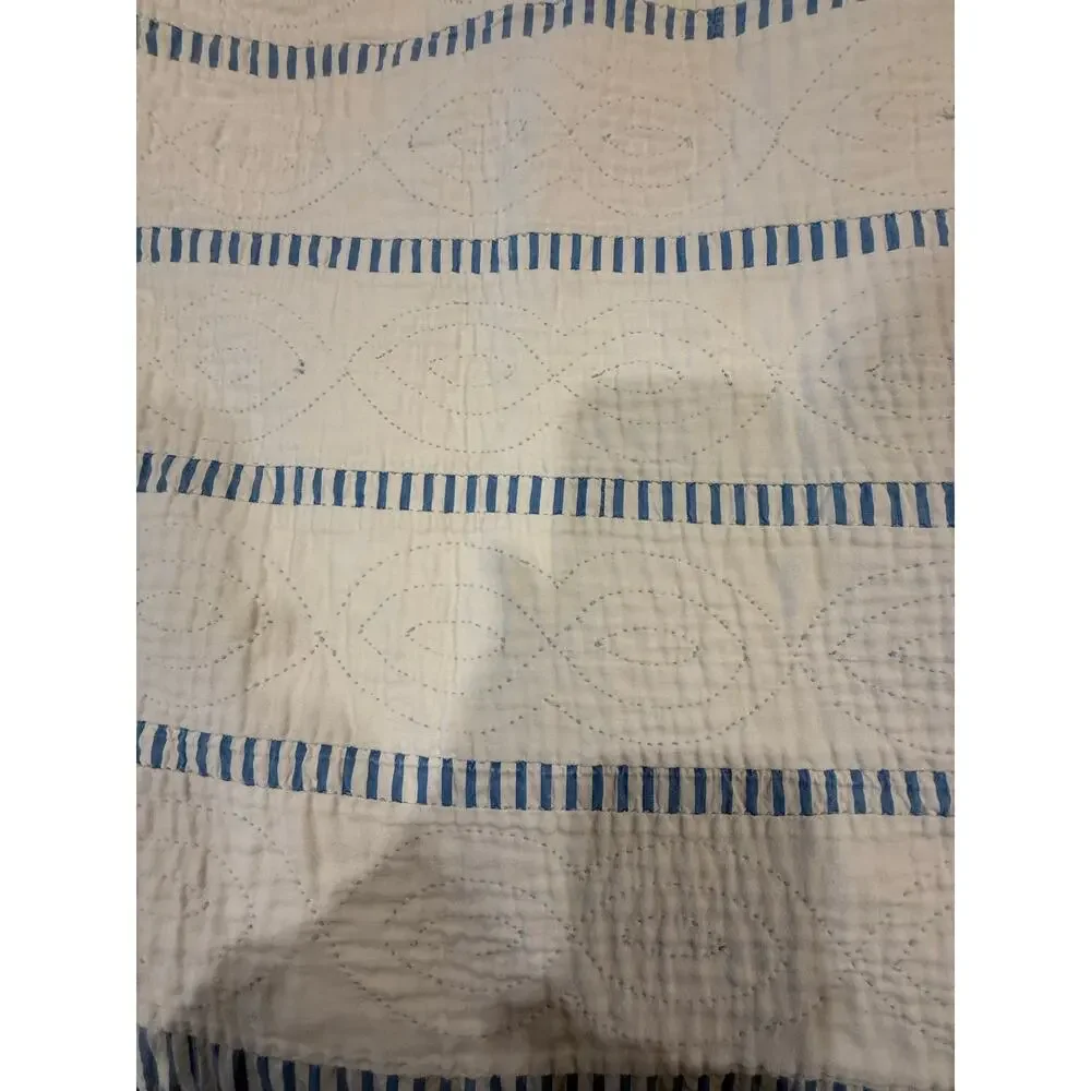 Vintage Heirloom Baby Quilt White with Blue Stripes Crib Blanket Quilt cottage